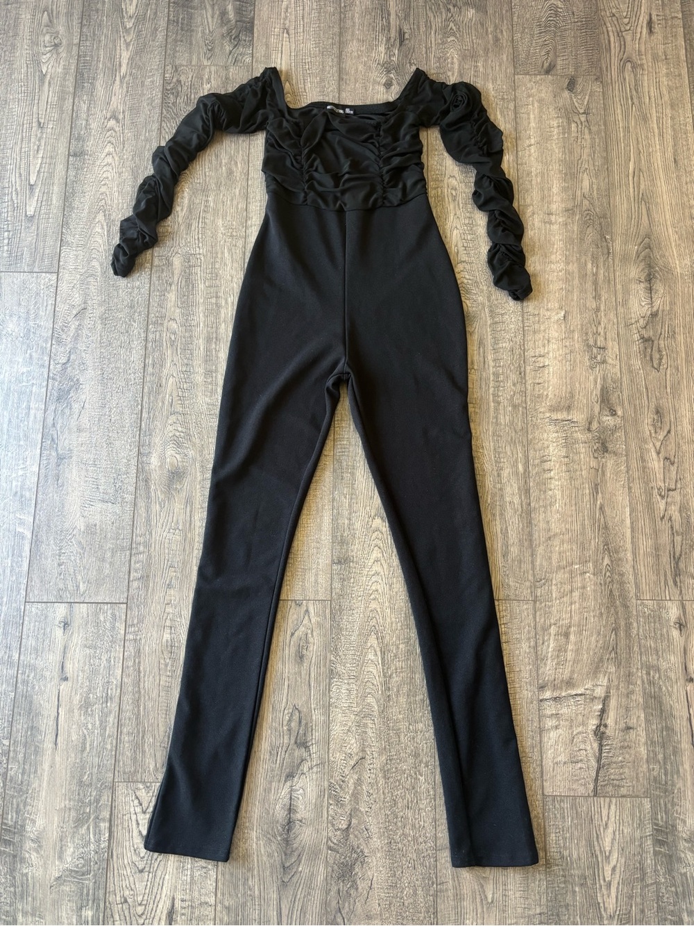 PrettyLittleThing Black Ruched Long Sleeve Jumpsuit